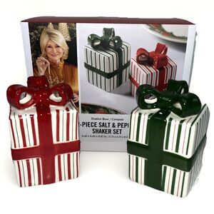Martha Stewart Ceramic Salt & Pepper Shakers Candy stripe Festive Bow Red Green